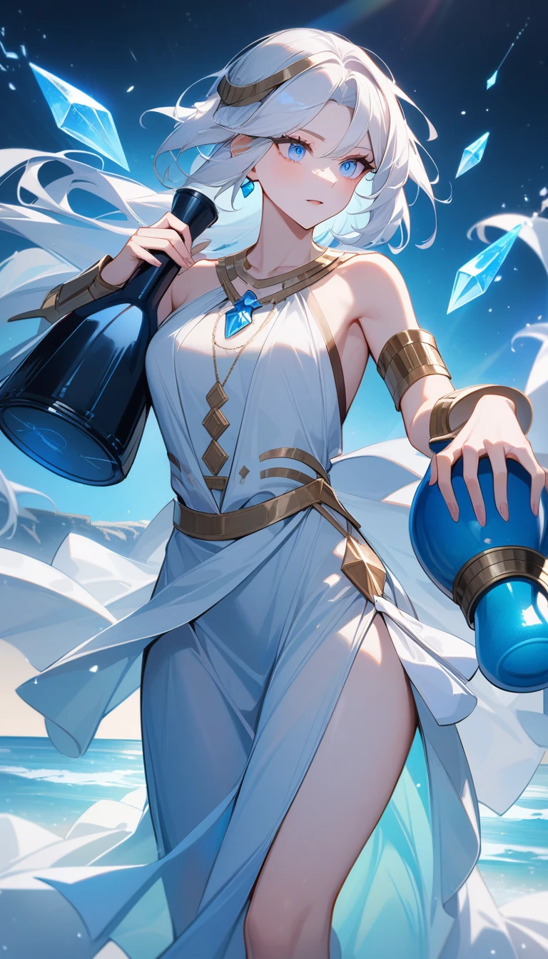 （Huang Li、high quality、Extremely detailed），Constellation - Aquarius Goddess，Giant drifting bottle，Woman holding a drift bottle，Similar to Latin goodness，brave，capricious，Productivity，The face of enterprising and humanitarianism，White hair，Ancient Greek costumes、Wrap Dress，The background is the ocean，Light crystal blue eyes（Eyes Details），Powerful appearance