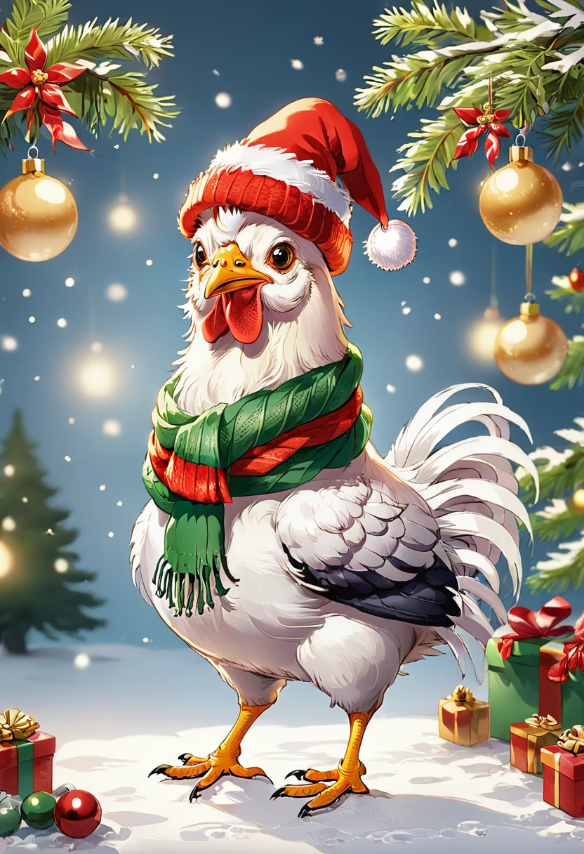 Christmas chicken with scarf and hat,HD,White background,8K,超HD画质,Masterpiece,Natural texture,Elegant and clear lines,