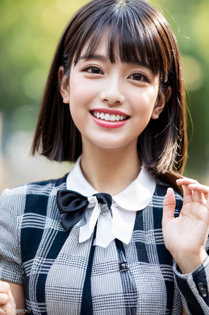 (8K, 4K, Best Quality, High Definition, Ultra High Definition: 1.1), (Masterpiece, Realistic, Photorealistic: 1.1), 1girl, Japanese woman, model's expression, Smooth, straight black hair with bangs, large expressive eyes with a hint of eyeliner, clear fair skin with a natural glow, a friendly warm smile with straight white teeth, wearing a stylish dress with a white collar and black bow featuring a checkered pattern, posing with hands raised near the face displaying a cheerful and approachable demeanor, ensure the overall look is appealing to a wide audience while maintaining elegance and beauty.