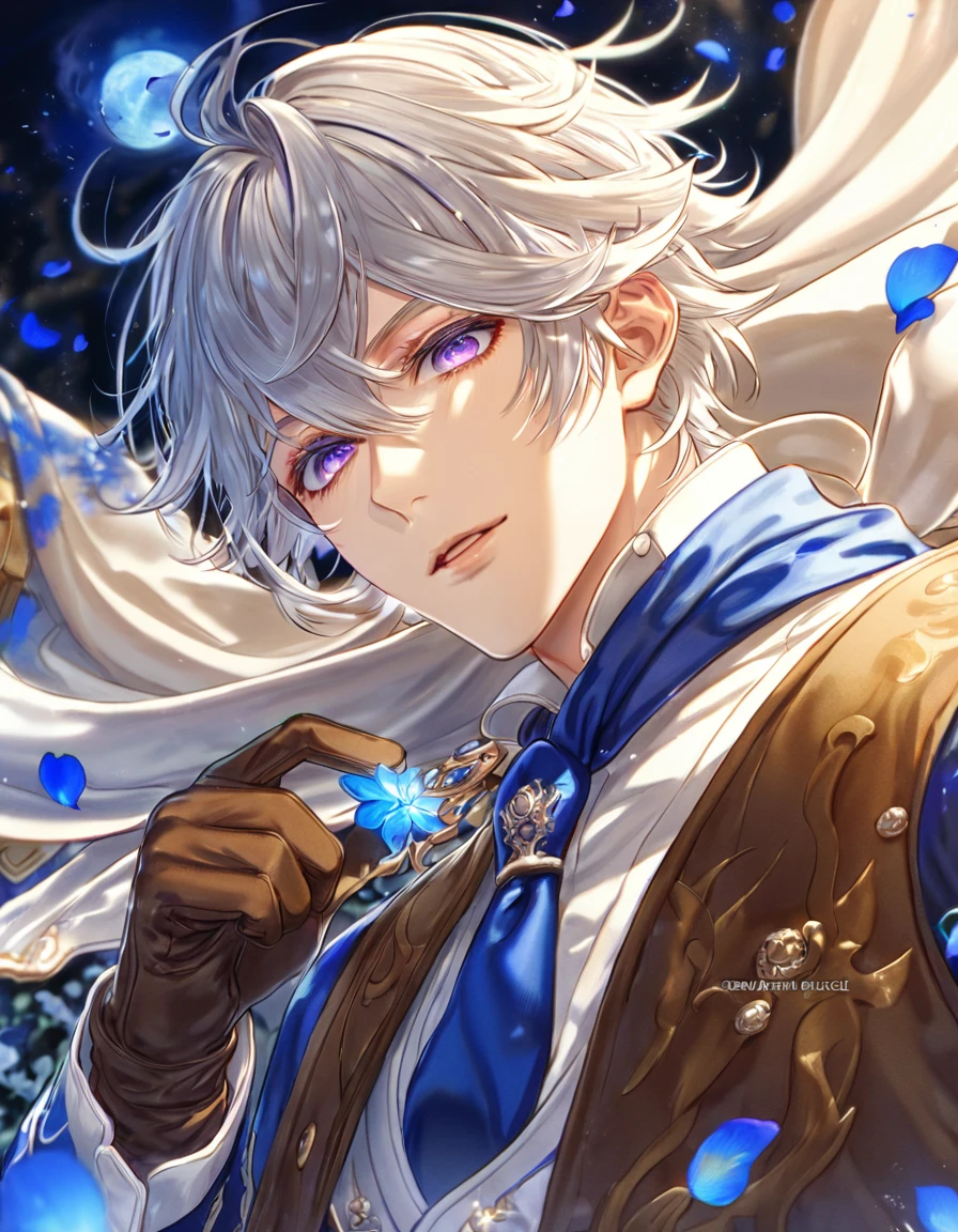 Ultra detailed, highres, absurdres, HDR, master piece, Gauche Suede, messy white hair, short hair, expressive purple eyes, Tegami Bachi, blue petals, white scarf, sexy man, solo, best quality, blue flowers, blue shining fireflies, handsome, fantasy, magical, brown gloves, blue moon, blue cropped jacket with white patters, blue necktie, white shirt