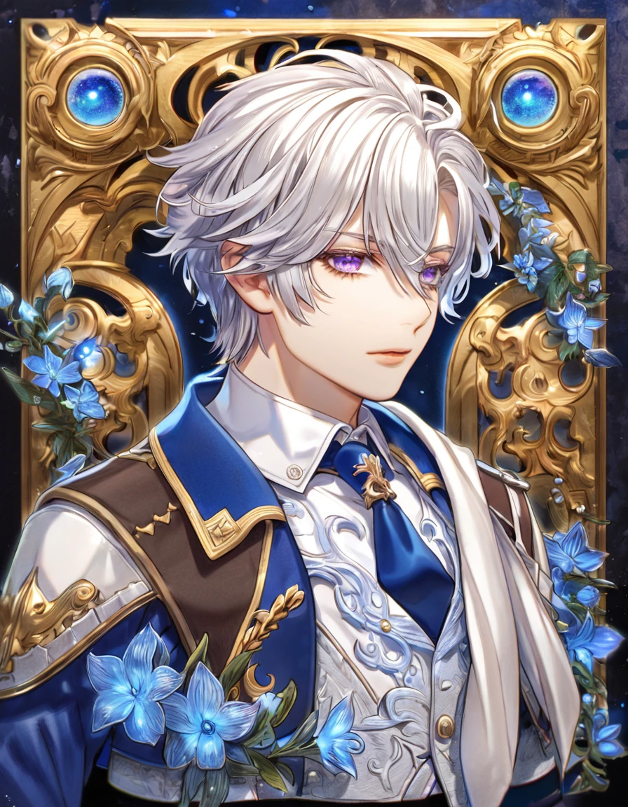 Ultra detailed, highres, absurdres, HDR, master piece, Gauche Suede, messy white hair, short hair, expressive purple eyes, Tegami Bachi, blue petals, white scarf, sexy man, solo, best quality, blue flowers, blue shining fireflies, handsome, fantasy, magical, brown gloves, blue moon, blue cropped jacket with white patters, blue necktie, white shirt