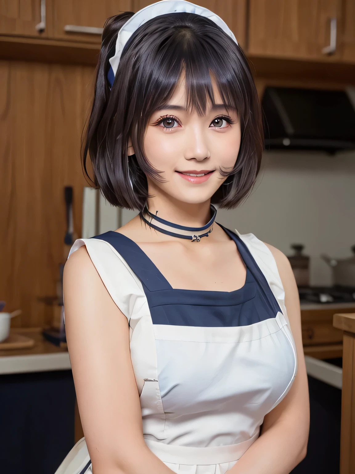 (Highest quality, masterpiece:1.3, Ultra-high resolution), (Very detailed), (Realistic:1.4, RAW shooting), ((Dark blue apron:1.2)), ((Slim body，Slim face)), girl, Japanese, cute, Straight Hair, ((Big Breasts)), (View from the front:1.1), Looking into the camera, Light brown hair, ((Black choker)), Very long and bushy eyelashes, blue eyes, bangs、 ((smile)), 