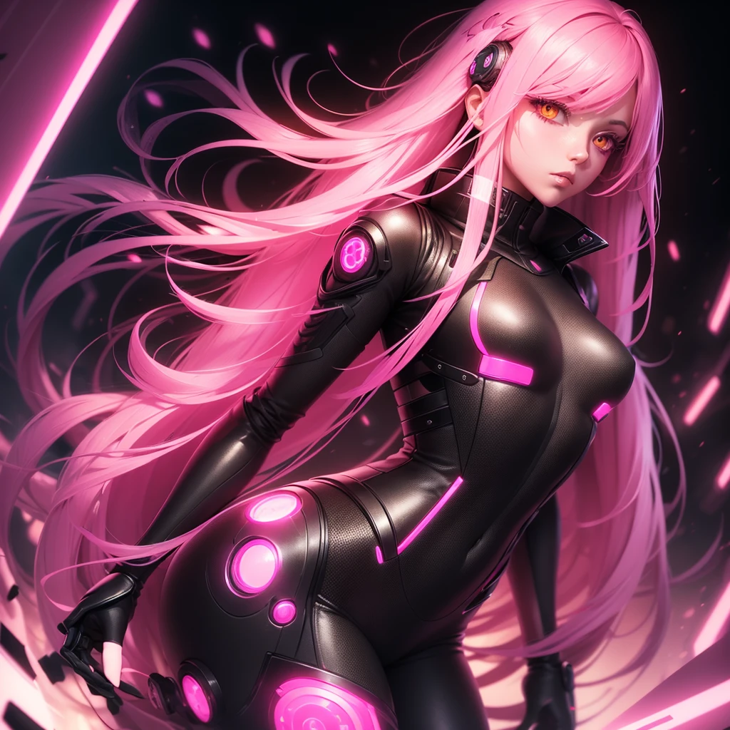 Lonely Android Girl with long pink hair in a pink suit with small yellow elements woman half cyborg modification Beautiful  with bright yellow eyes stands in full height with a half turn sideways Anime Style black background Cyberpunk style, Robot Girl, black background image of night black city and pink neon lights