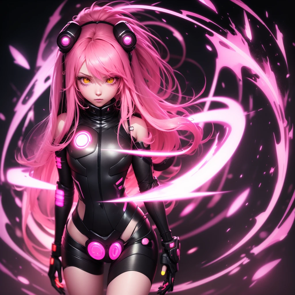Lonely Android Girl with long pink hair looks to the side, she is in a pink suit with small yellow elements, woman half cyborg modification Beautiful sexy with bright yellow eyes stands in full height with a half turn sideways Anime Style black background Cyberpunk style, Robot Girl, black background image of night black city and pink neon lights
