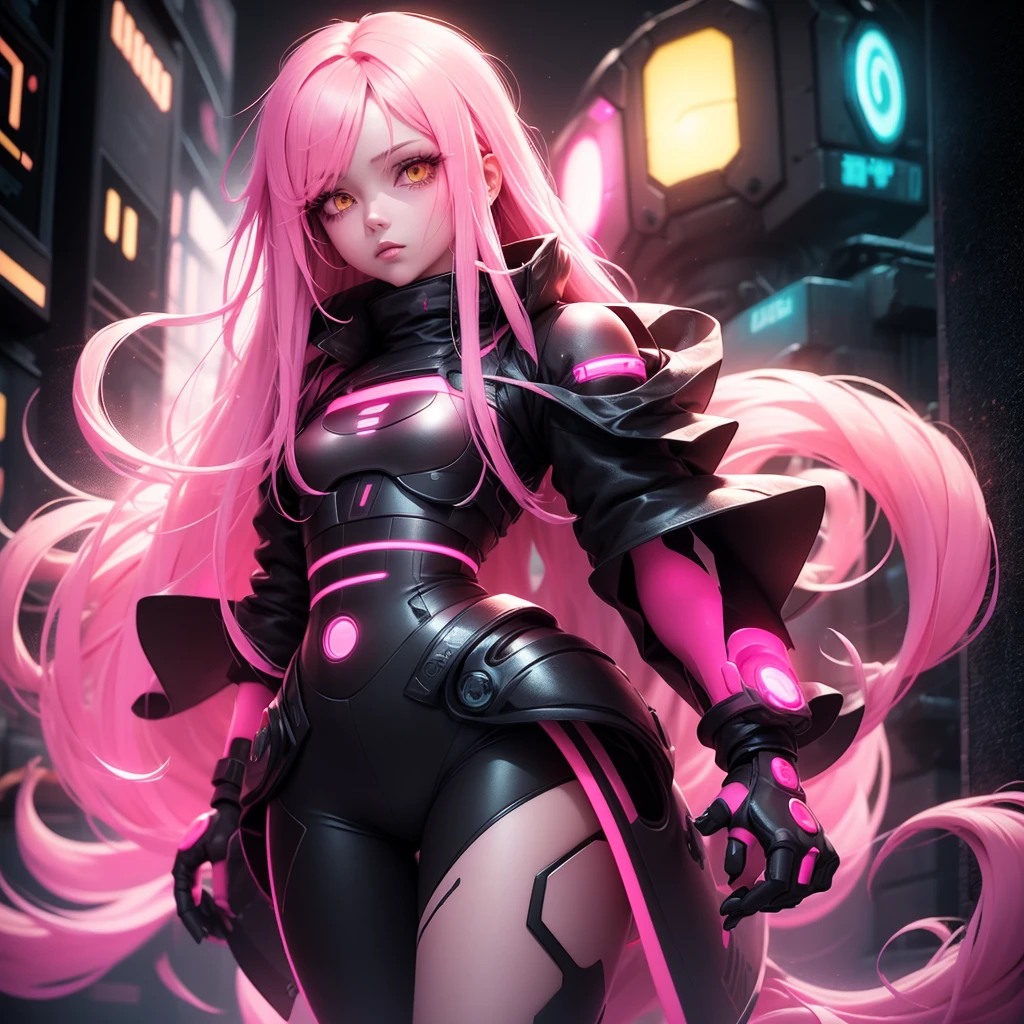 Lonely Android Girl with long pink hair in a pink suit with small yellow elements woman half cyborg modification Beautiful sexy with bright yellow eyes stands in full height with a half turn sideways Anime Style black background Cyberpunk style, Robot Girl, black background image of night black city and pink neon lights