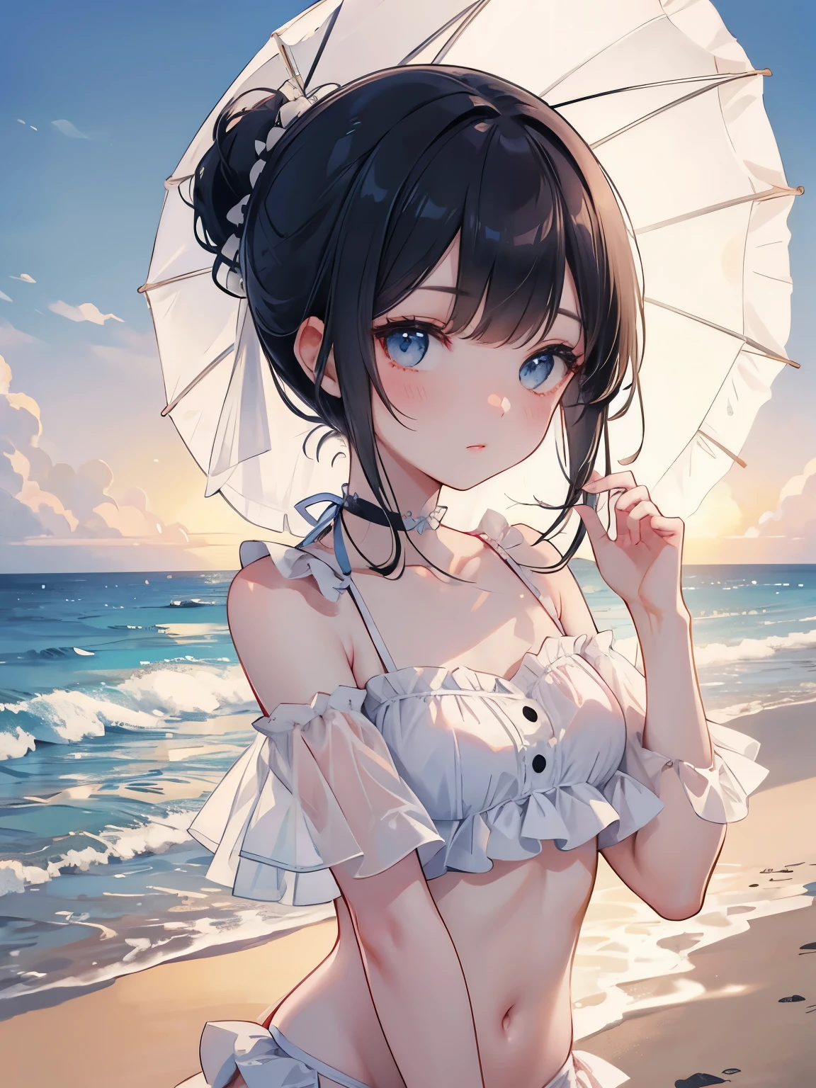 Hair tied up、Straight Bangs、High resolution、summer、Frilled bikini、Off the shoulder、Ocean、Parasol、At dusk