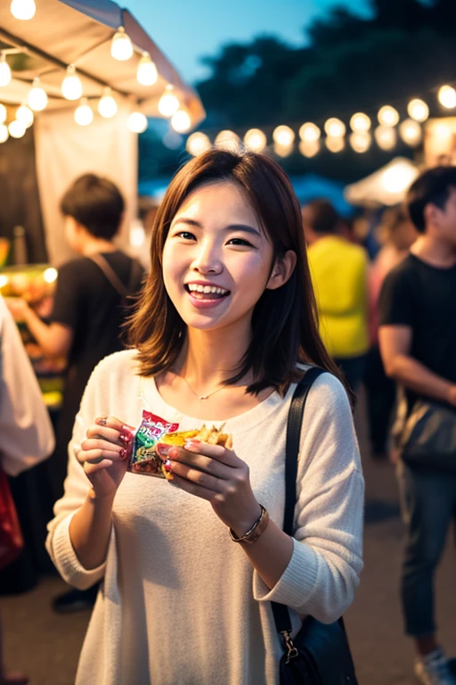 Vibrant night market. Woman wearing casual clothes, Carrying snacks, Her face is full of joy and satisfaction.