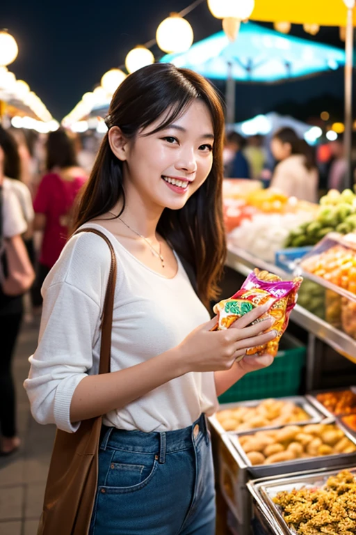 Vibrant night market. Woman wearing casual clothes, Carrying snacks, Her face is full of joy and satisfaction.