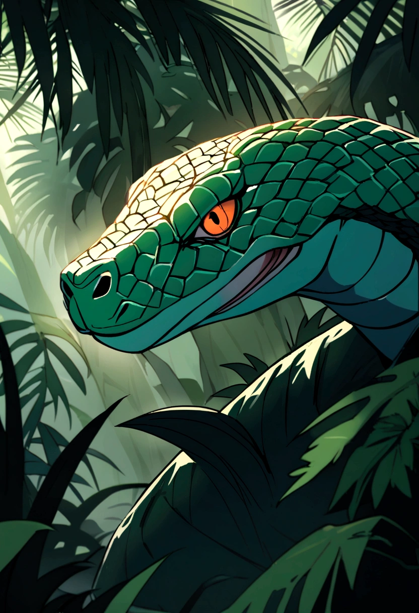 An angry green snake, alone in the amazon jungle , big and fierce