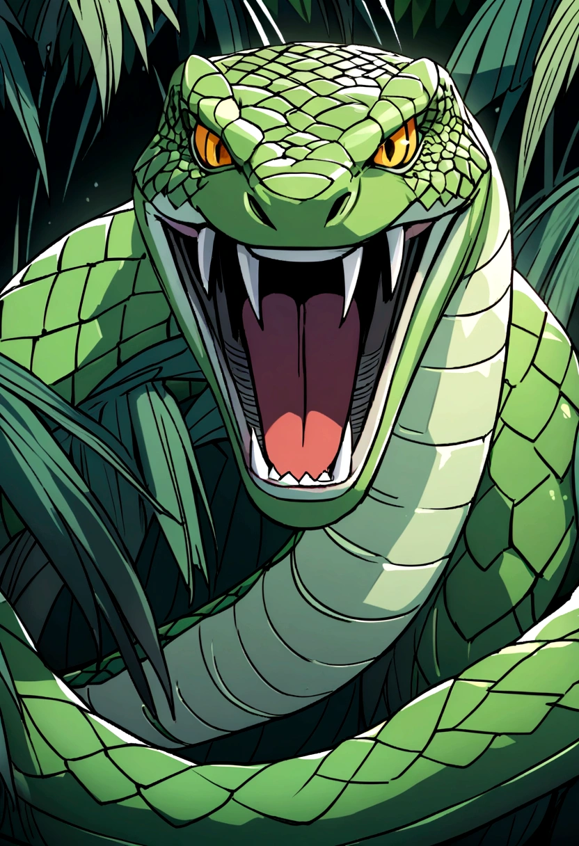 An angry green snake, alone in the amazon jungle , big and fierce