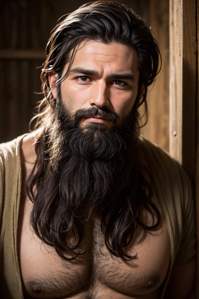 He had dark hair, slightly misaligned, and a scruffy beard that gave him a rustic look.. He looked to be around 30 years old, but the depth of his eyes revealed a life marked by challenges and responsibilities.