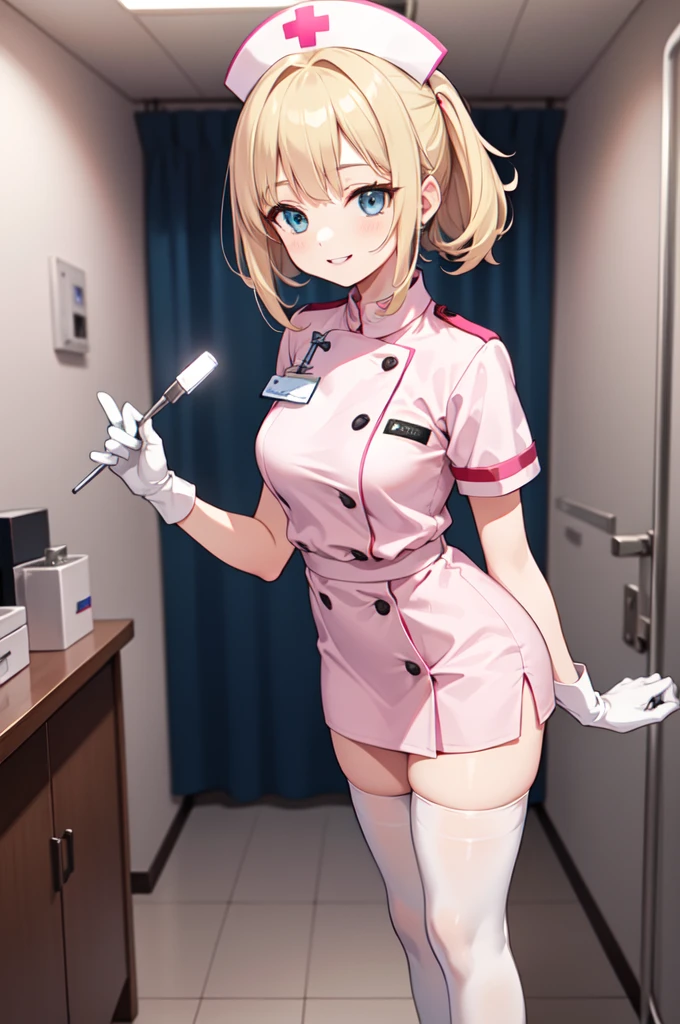 1woman, solo, nurse, white nurse cap, white nurse uniform, ((white legwear, zettai ryouiki)), white gloves, blonde hair, blue eyes, pink lips, smile, standing, ((hospital room)), sharp outline, short sleeves, mature female, 35 years old, best quality, masterpiece