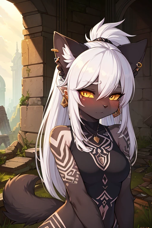 ((best quality, masterpiece, perfect anatomy, detailed picture)), furry, 2 female, pantherine, two tone fur, black body, grey fur, sexy, long white hair, ponytail hair, fluffy feline tail, yellow sclera, tribal tattoo, ear rings, red blushing, shy, in the ruins, portrait, illustration, golden bondage