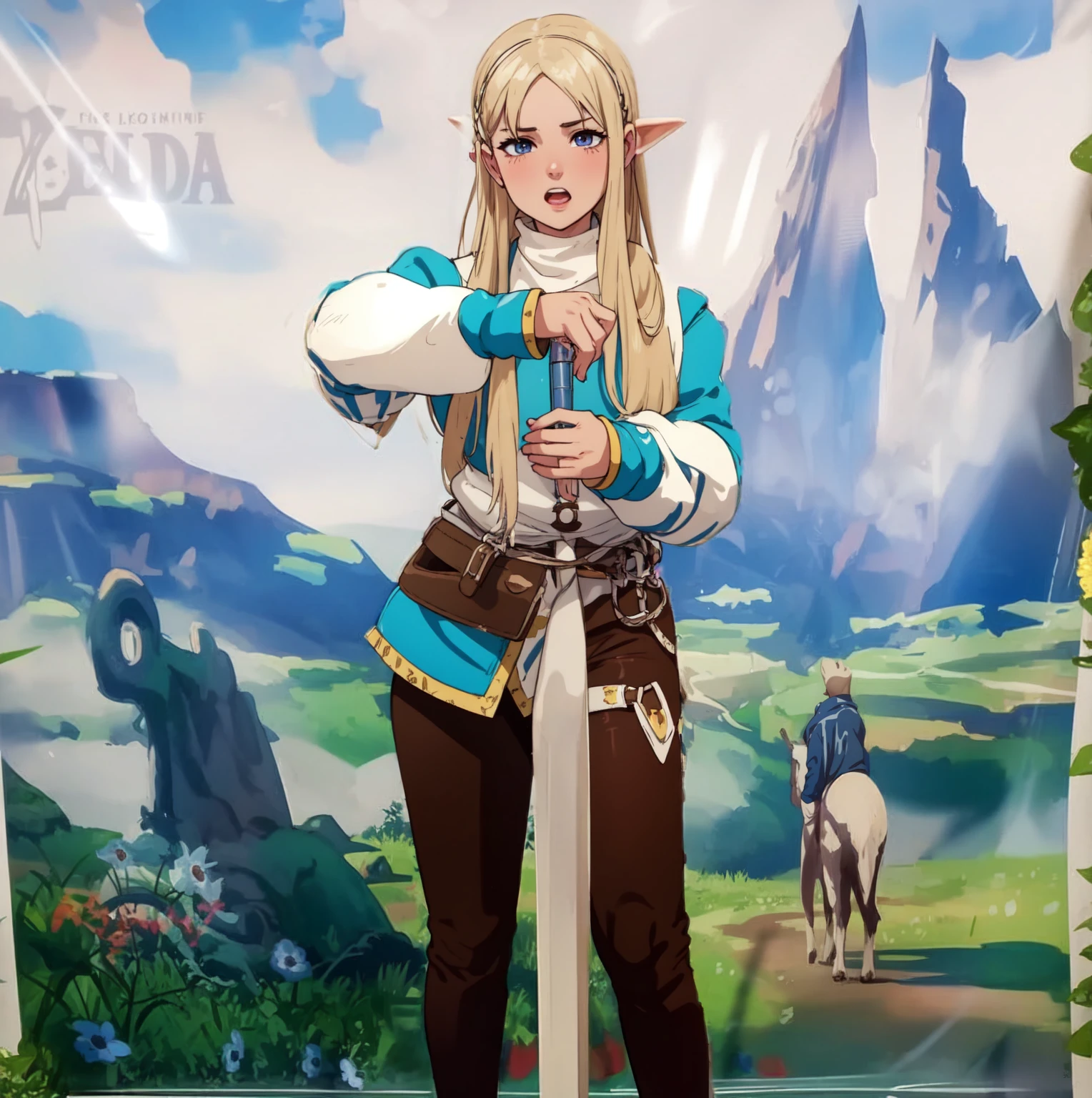 masterpiece, full body, 8k, ultra high definition, high quality, a young girl wearing zelda outfit, blonde hair, with a sword