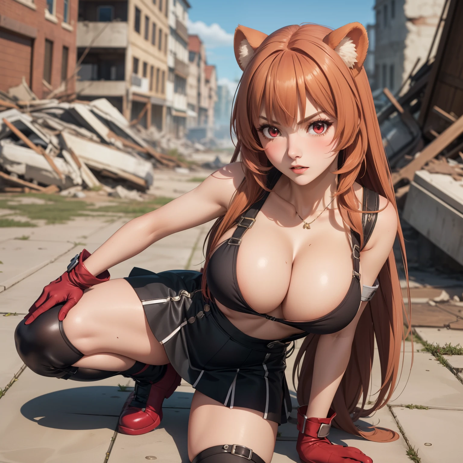 Raphtalia woman 20 years old straight orange hair , rounded bear ears, red eyes like ruby., serious expression, blush,  pale skin, big breasts,  Costume of ,Tifa Lockhart.  low-cut white dungarees, black skirt ,  bare abdomen, red gloves, background a city in ruins,