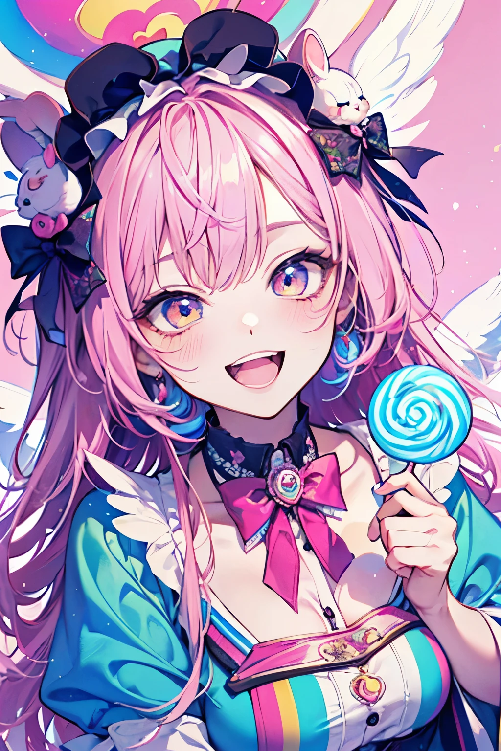 chibi character,Rabbit motif,(brush),((cute,kawaii,wonderland)),((pastel color)),((Cute assortment)),(Blushed cheeks),((Open mouth and big smile:1.3)),Shiny pink hair,(Rainbow),((Angel:1.2)),(Lollipop,Candy:1.25).