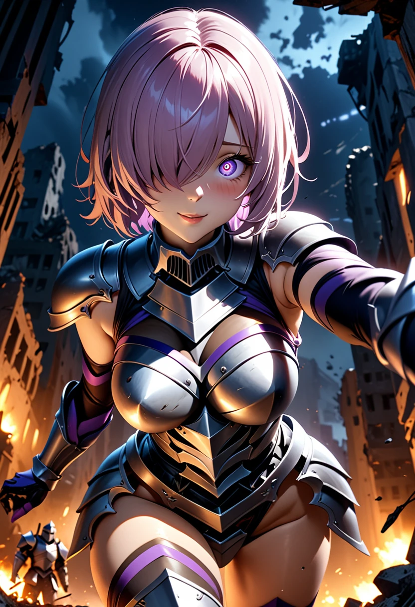 (masterpiece, top quality, best quality, beautiful and aesthetic:1.2), full body, SFW, extremely detailed, detailed face and eyes, cinematic light, depth of field, 1girl, seducing smile, solo, official, (armored knight:1.4), dark armor, mash kyrielight, light purple hair, short hair, hair over one eye, slim body, cinematic lighting, dramatic lighting, dramatic atmosphere, hyper-realistic, high resolution, stunning contrast, high quality, best quality, 8k, 4k, intricately detailed, (amazing details:1.2), highly detailed skin, powerful presence, vibrant colors, (detailed eyes:1.2), striking eyes, (detailed background), (warzone on background, night, ruins), (dynamic angle:1.2), (dynamic pose:1.2)