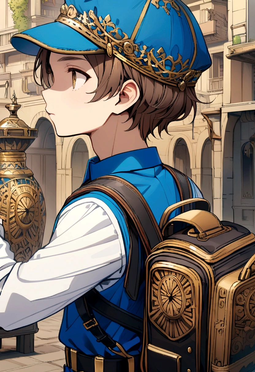 Brown haired boy, blue polo shirt, white sleeves, blue and yellow cap. black backpack, black belt.