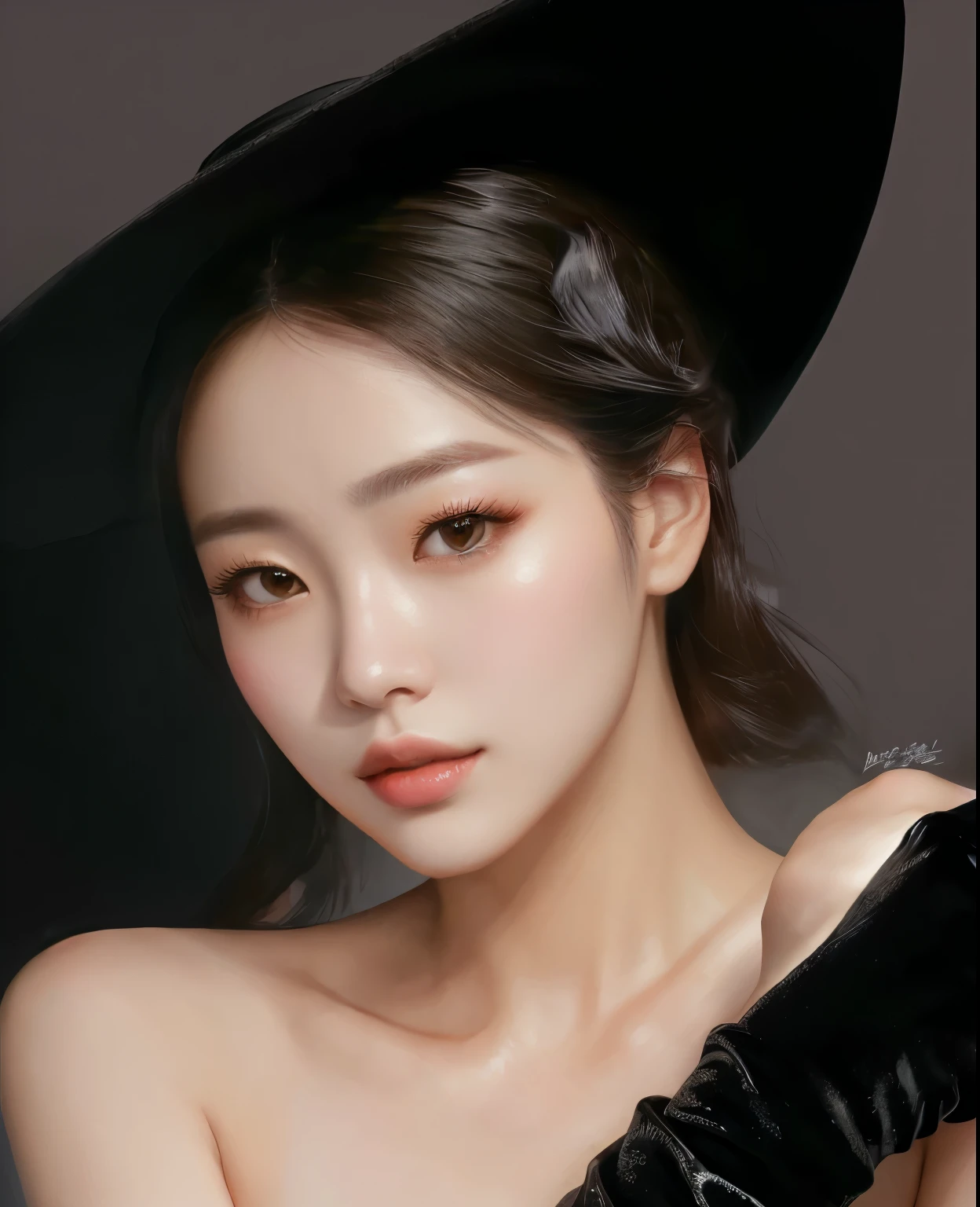 Arafed image of a woman wearing a black hat and gloves., Korean female idol portrait, Bright digital painting, Bowwater Art Style, Inspired by Kim Duk Shin, Korean Artists, Inspired by Yanjun Chen, Inspired by Shim Sa-jeong, Blackpink portrait&#39;Jossi, In digital painting style, Portrait of K-Pop Idol