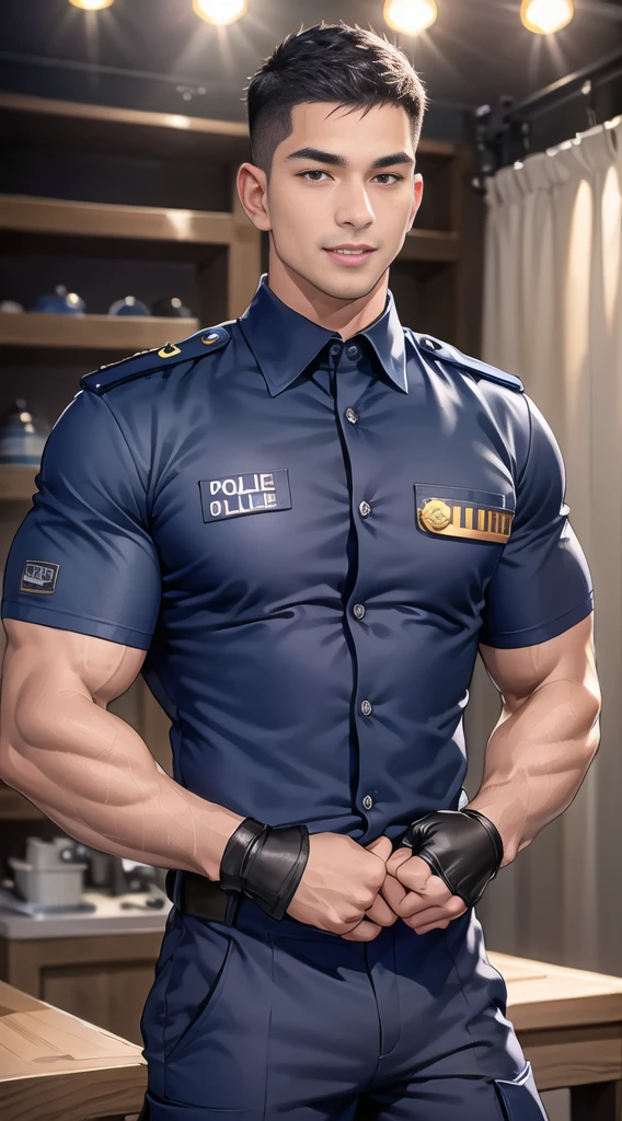 handsome man sit on the table ,(crew cut short hair:1.2),black eye,smile,open mouth (navy police uniform:1.2),(shirt short sleeves:1.2),collar,(shirt covered over:1.2),(name tag and Police badge:1.3),(shirt no buttons:1.1),(black_gloves:1.3), (Navy blue cargo:1.2),Korean guy,korean men,(High gloss details),(chest muscles:1.2),(large arm muscles:1.2),blood vessel,Big muscles,Broad shoulders,looking at the audience,Balancing the eyes,middle of the road,(stage:1.2),