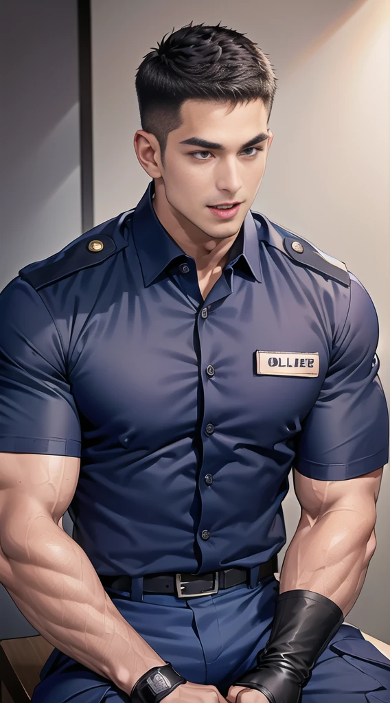 handsome man sit on the table ,(crew cut short hair:1.2),black eye,smile,open mouth (navy police uniform:1.2),(shirt short sleeves:1.2),collar,(shirt covered over:1.2),(name tag and Police badge:1.3),(shirt no buttons:1.1),(black_gloves:1.3), (Navy blue cargo:1.2),Korean guy,korean men,(High gloss details),(chest muscles:1.2),(large arm muscles:1.2),blood vessel,Big muscles,Broad shoulders,looking at the audience,Balancing the eyes,middle of the road,(stage:1.2),