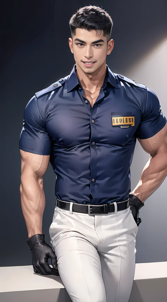 handsome man sit on the table ,(crew cut short hair:1.2),black eye,smile,open mouth (navy police uniform:1.2),(shirt short sleeves:1.2),collar,(shirt covered over:1.2),(name tag and Police badge:1.3),(shirt no buttons:1.1),(black_gloves:1.3), (Navy blue cargo:1.2),Korean guy,korean men,(High gloss details),(chest muscles:1.2),(large arm muscles:1.2),blood vessel,Big muscles,Broad shoulders,looking at the audience,Balancing the eyes,middle of the road,(stage:1.2),