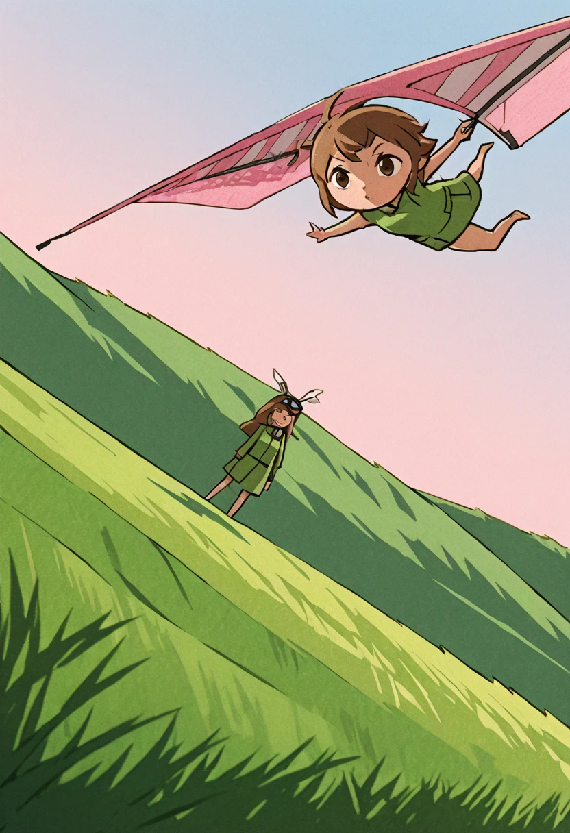 detailed illustration, dynamic angle, ultra-detailed, illustration, WindWakerStyle, 1girl, long brown hair, green clothes, goggles, pink wooden hang glider, standing on grassy hill, windy, windmills