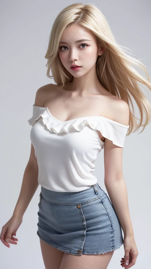 (((forehead、White Blonde Hair、Northern Europe、White people、beautiful girl、Blonde、White background、Tank top、Off-the-shoulder blouse、mini skirt、long hair、Perm)))、table top, highest quality, figure, super detailed, finely, High resolution, 8k wallpaper, Perfect dynamic composition, detailed and beautiful eyes, Deco out,bionde, medium hair, super big breasts, Natural color lip,white background, random cute poses,frill dress
