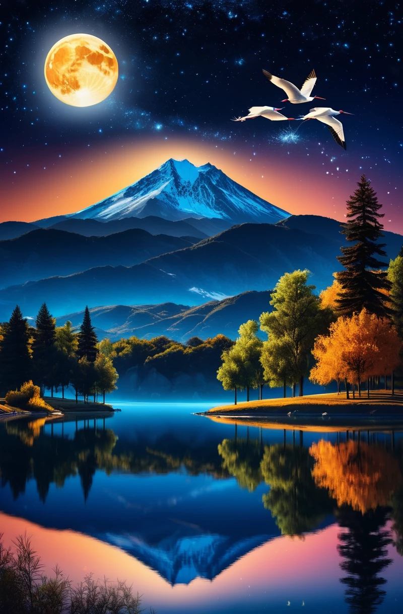 Very starry night. A huge moon behind the mountain. A peaceful lake reflects the night. The sunset is accompanied by flying cranes. cenas realistas, detail, fotorrealism, 8K