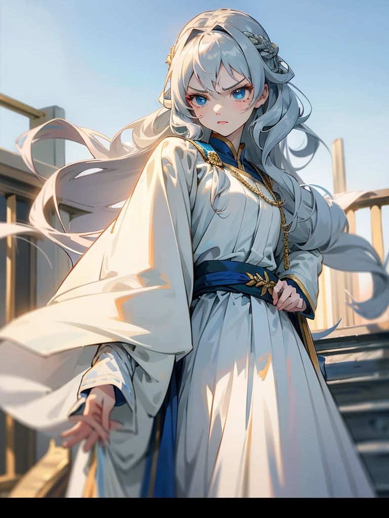 white girl, anime style, sky blue eyes, silver hair with golden touches, long loose wavy hair, intimidating expression would not be, slim, 15 year old girl, very beautiful, long white greek traditional dress with long loose sleeves, 