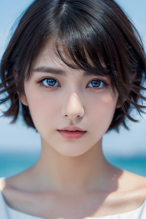 (award winning, 8k, super detailed, high resolution, best quality, photography, portrait), 1girl, solo, beautiful girl, beautiful eyes, detailed eyes, black eye, white dress, short hair, black hair ocean background.