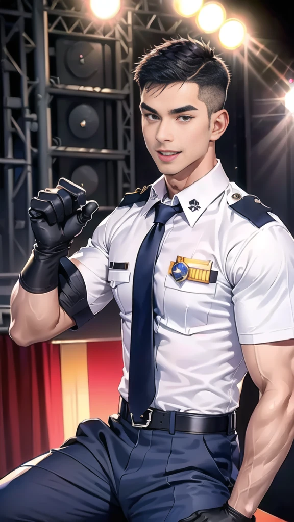 handsome man  sit on the table ,(crew cut short hair:1.2),black eye,smile,open mouth
(navy police uniform:1.2),(shirt short sleeves:1.2),collar,(shirt covered over:1.2),(name tag and Police badge:1.2),(shirt no buttons:1.1),(black_gloves:1.3),
(Navy blue cargo:1.2),Korean guy,korean men,(High gloss details),(chest muscles:1.2),(large arm muscles:1.2),blood vessel,Big muscles,Broad shoulders,looking at the audience,Balancing the eyes,middle of the road,(stage:1.4),