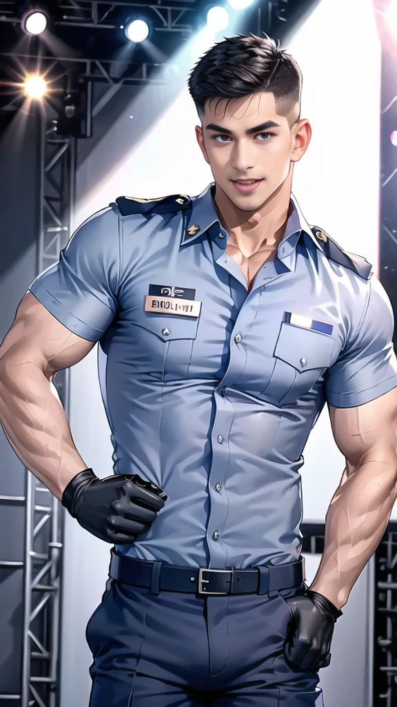 handsome man  sit on the table ,(crew cut short hair:1.2),black eye,smile,open mouth
(navy police uniform:1.2),(shirt short sleeves:1.2),collar,(shirt covered over:1.2),(name tag and Police badge:1.2),(shirt no buttons:1.1),(black_gloves:1.3),
(Navy blue cargo:1.2),Korean guy,korean men,(High gloss details),(chest muscles:1.2),(large arm muscles:1.2),blood vessel,Big muscles,Broad shoulders,looking at the audience,Balancing the eyes,middle of the road,(stage:1.4),