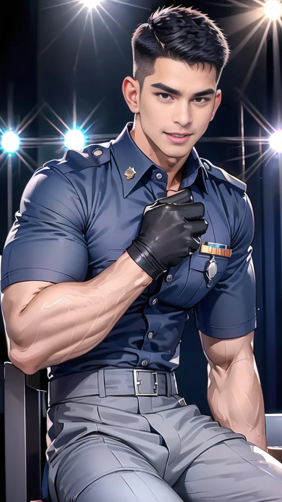 handsome man sit on the table ,(crew cut short hair:1.2),black eye,smile,open mouth
(navy police uniform:1.2),(shirt short sleeves:1.2),collar,(shirt covered over:1.2),(name tag and Police badge:1.2),(shirt no buttons:1.1),(black_gloves:1.3),
(Navy blue cargo:1.2),Korean guy,korean men,(High gloss details),(chest muscles:1.2),(large arm muscles:1.2),blood vessel,Big muscles,Broad shoulders,looking at the audience,Balancing the eyes,middle of the road,(stage:1.4),