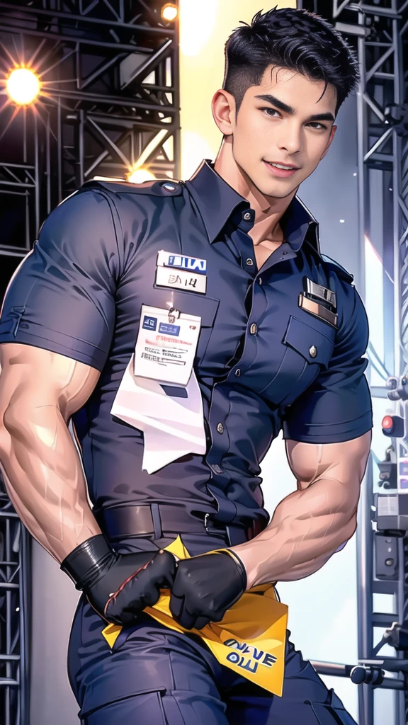 handsome man sit on the table ,(crew cut short hair:1.2),black eye,smile,open mouth
(navy police uniform:1.2),(shirt short sleeves:1.2),collar,(shirt covered over:1.2),(name tag and Police badge:1.2),(shirt no buttons:1.1),(black_gloves:1.3),
(Navy blue cargo:1.2),Korean guy,korean men,(High gloss details),(chest muscles:1.2),(large arm muscles:1.2),blood vessel,Big muscles,Broad shoulders,looking at the audience,Balancing the eyes,middle of the road,(stage:1.4),
