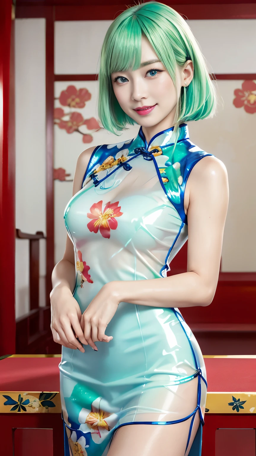 (Tabletop:1.0), (Highest quality:1.4), (High resolution:1.2), (Realistic:1.4),(Photographed from the front,Cowboy Shot), (8K, RAW Photos:1.2), (Soft Focus:1.4),break,There is a girl wearing latex  cheongsam printed race pattern who is sittig on バーカウンター and smiling and taking pictures.............................................................,Lesbians all over, 彼女は半透明のlatexのチャイナドレスを着ている ,(Sleeveless cheongsam:1.2),(Semi-transparent Chinese dress with floral print:1.4),break,Slime Skin,smooth tight cheongsam, Clear skin,latex, Translucent body,latex Shiny,Detailed hand and fingers,(Blonde Hair,blue eyes), Chinese dress that fits your skin,break,Bob Hair,(Mint Hair:1.4),glossy Shiny reflective,Natural Makeup,Japanese Goddess, Shiny肌,Gorgeous Japanese Model,Shiny,Shiny,slimy,(Shinyサイハイブーツ:1.2),break,Detailed Background,Casino Background