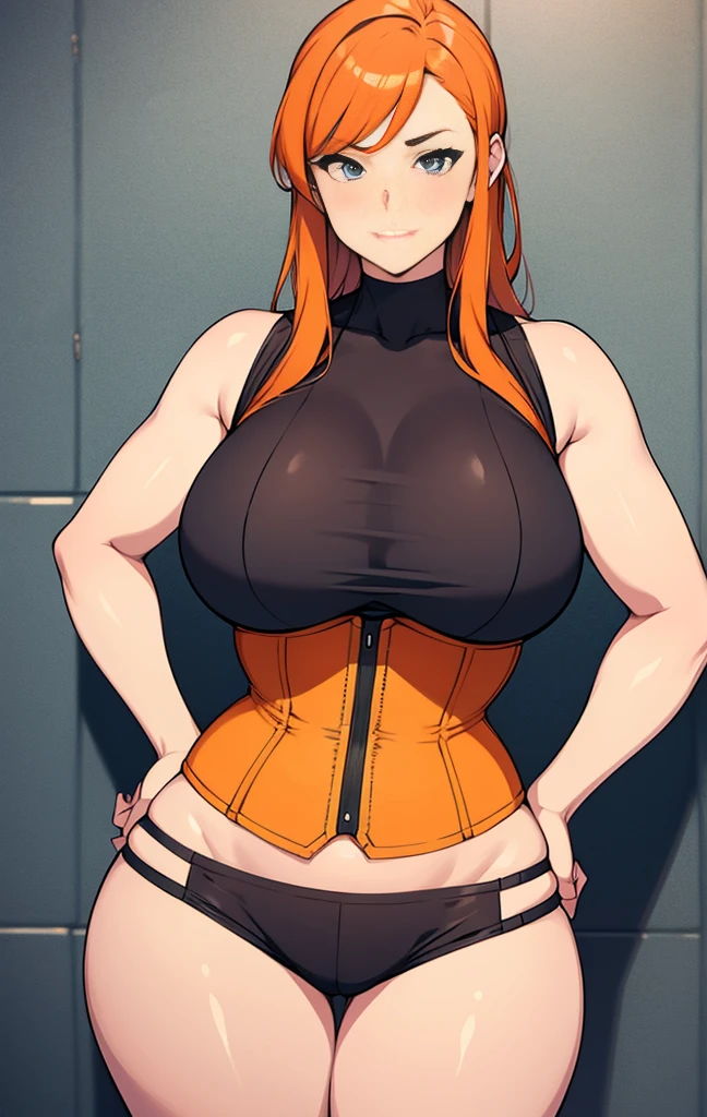 girl, With big breasts, athletic curvy body, corset with large orange neckline, Orange hair.