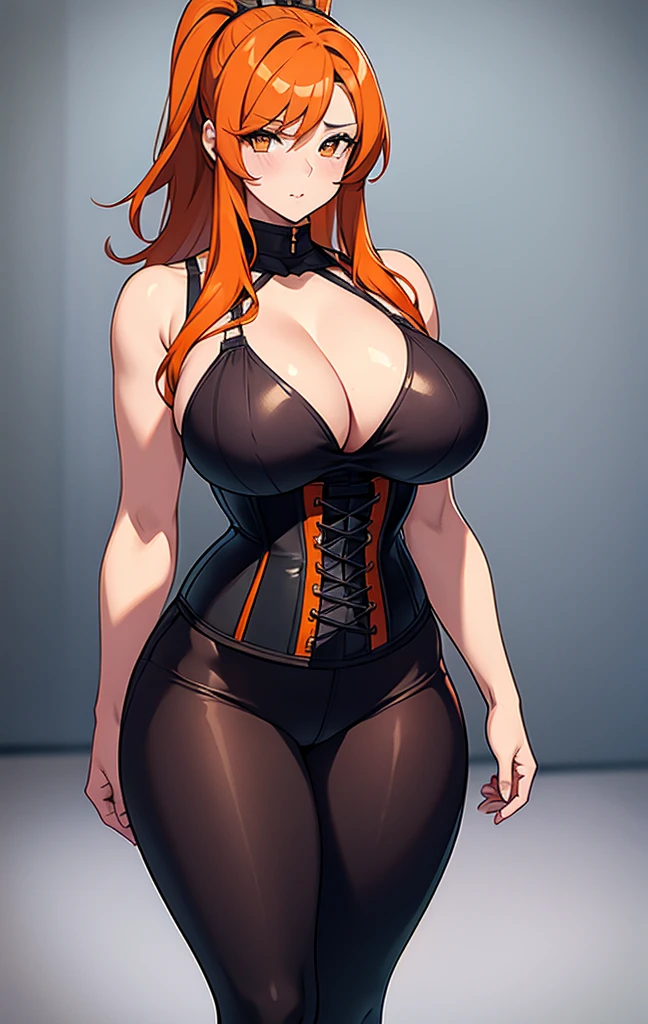 girl, With big breasts, athletic curvy body, corset with large orange neckline, Orange hair.