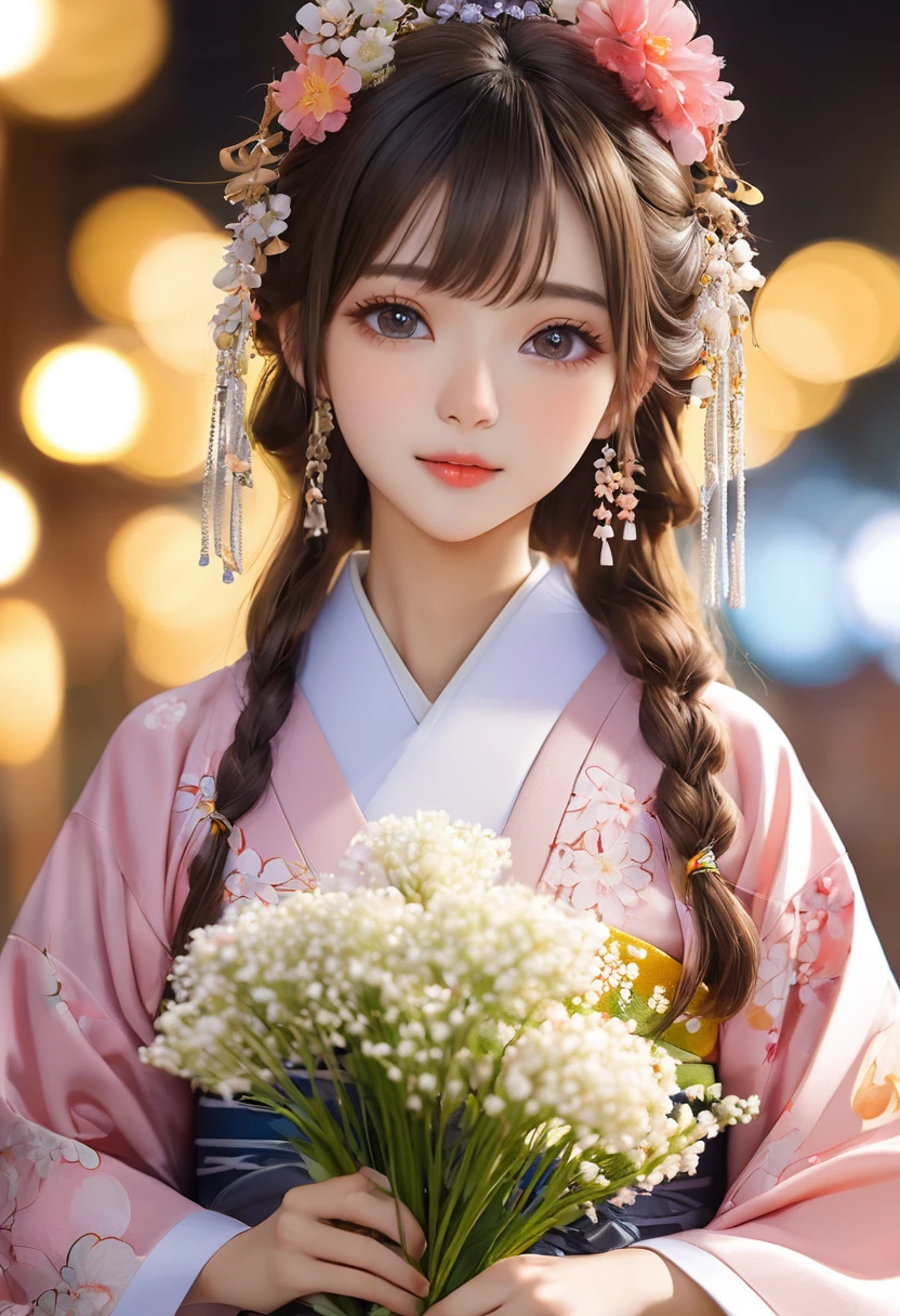 ((Best Quality)), ((Masterpiece)), (Detail: 1.4), 3D, Beautiful Cyberpunk Female Image, HDR (High Dynamic Range), Ray Tracing, NVIDIA RTX, Super Resolution, Unreal 5, Subsurface Scattering, PBR Texture, Post-Processing, Anisotropic Filtering, Depth of Field, Maximum Sharpness and Sharpness, Multi-layer Texture, Albedo and Highlight Mapping, Surface Coloring, Mitsu-Accurate Simulation of Material Interactions, Perfect Proportions, Octane Rendering, Two-color Light, Large Aperture, Low ISO, white balance, regular three-point, 8K RAW, beautiful bright pupils, flowing robe, fine pupils, delicate face and eyes, long eyelashes, blush, fluffy hair, pink lips, pure, cute, sweet girl, cherry blossom petals falling, butterflies, high-class sense