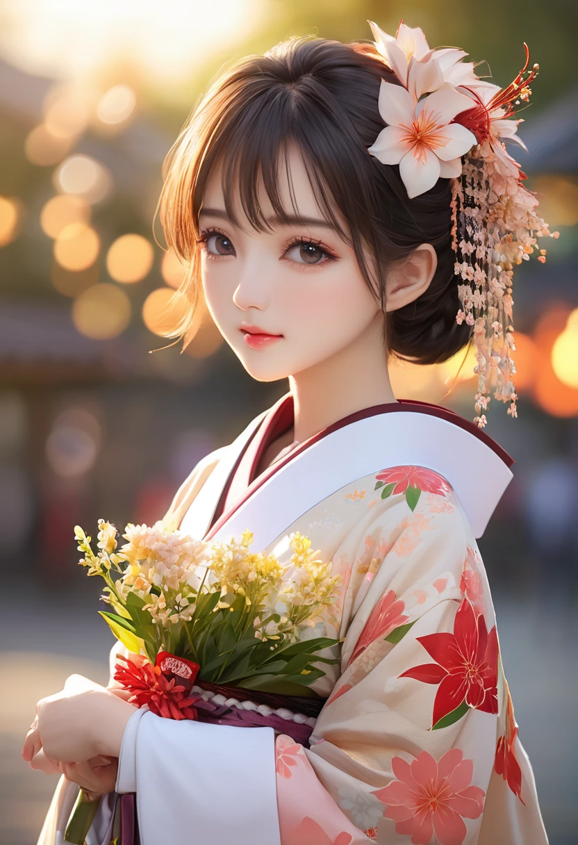 High qualityสุด, Masterpiece, 1 woman, Beautiful face, (ภาพถ่ายเสมือนTRUE:1.3), Light around the wheel rim, (Highly detailed skin:1.2), 8K UHD, dslr, High quality, high definition, 4K, 8K, Bokeh, (TRUE: 1., small face, A cute girl, Japanese national costume, middle breast,holding flowers