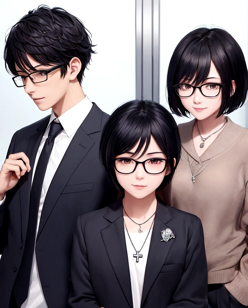 The image shows three characters from a manga. In the middle, there is a girl with short black hair, with a smiling expression. She is wearing a  with a jacket and a tie. at your side, there are two boys with serious expressions. They both have dark hair and are wearing jackets.. The boy on the left wears glasses and a cross necklace. The boy on the right is also wearing a jacket, but without the necklace. It looks like they are in a school environment, Possibly in a country the classroom.