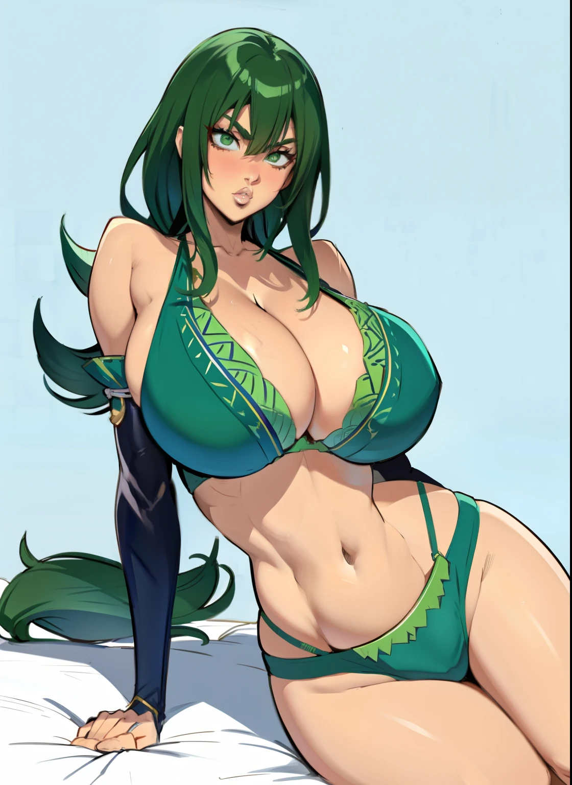 anime girl with green hair and a blue bikini sitting on a bed, a digital painting by Kentaro Miura, pixiv, shin hanga, commission for high res, jojo anime style, akali, thicc, oc commission, high quality colored sketch, high quality fanart, highly detailed exquisite fanart, cutesexyrobutts, seductive anime girl, juri misaki
