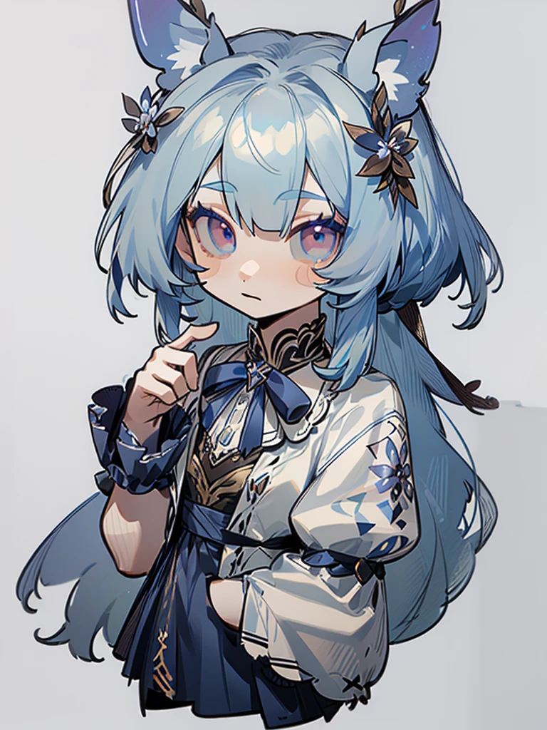 chibi, virtual youtuber model, front facing, full body, solo, masterpiece, best quality, extremely detailed, detailed background, detailed face, 1girl, pale skin, long blue hair, deer ears, white deer horns, white elegant dress, blue flower, good finger, perfect face, intricate details