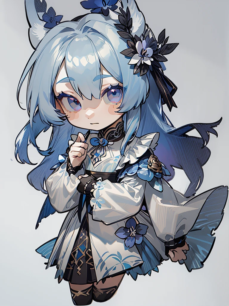 chibi, virtual youtuber model, front facing, full body, solo, masterpiece, best quality, extremely detailed, detailed background, detailed face, 1girl, pale skin, long blue hair, deer ears, white deer horns, white elegant dress, blue flower, good finger, perfect face, intricate details