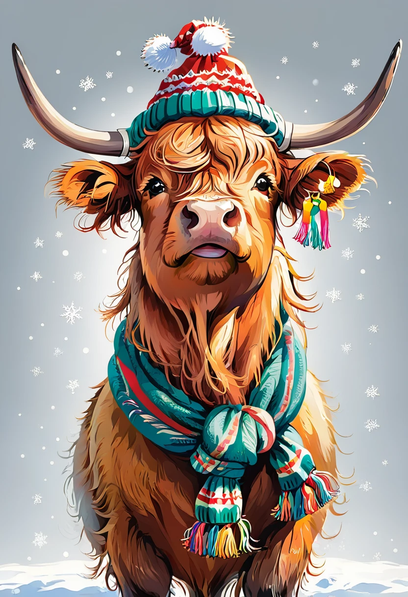 Christmas highland cow with scarf and hat,HD,White background,8K,超HD画质,Masterpiece,Natural texture,Elegant and clear lines,