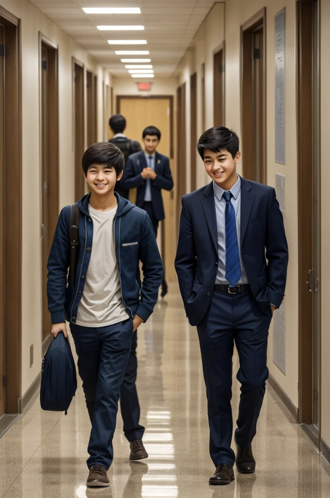 We see a boy, a shy and introverted student, walking down the hallway, lost in thought. He's surrounded by students chatting and laughing, but he keeps to himself