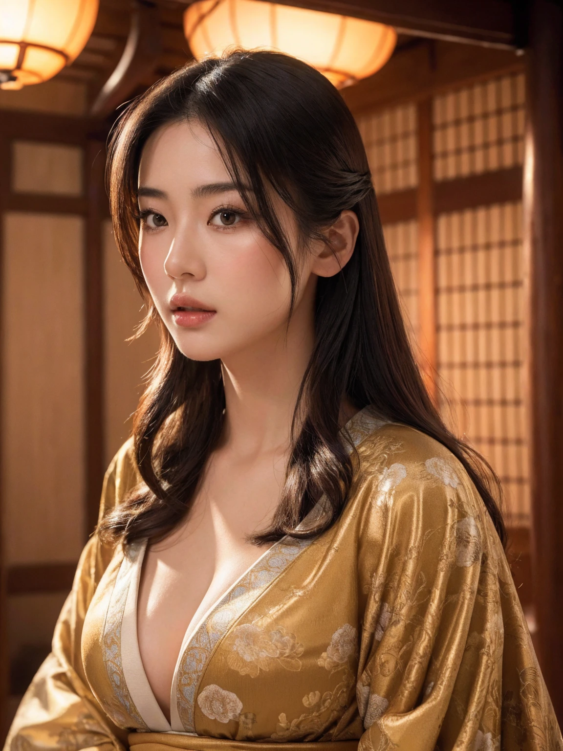 big breasted japanese woman in elaborate kimono, ornate shrine, cinematic atmosphere, (best quality,4k,8k,highres,masterpiece:1.2),ultra-detailed,(realistic,photorealistic,photo-realistic:1.37),(looking at viewer),highly detailed face,beautiful detailed eyes,beautiful detailed lips,extremely detailed eyes and face,long eyelashes,intricate kimono design,ornate shrine background,warm lighting,dramatic shadows,vibrant colors,photorealistic