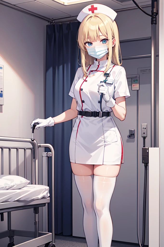 1woman, solo, nurse, white nurse cap, white nurse uniform, ((white legwear, zettai ryouiki)), white gloves, blonde hair, blue eyes, ((white surgical mask, covered nose)), standing, ((hospital room)), sharp outline, short sleeves, mature female, 35 years old, best quality, masterpiece