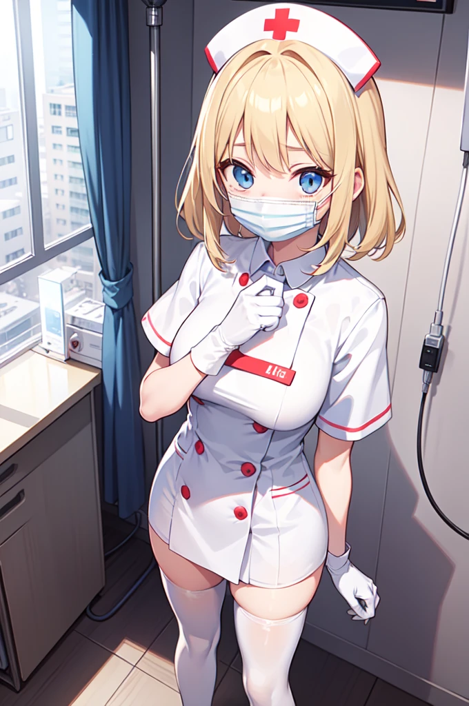 1woman, solo, nurse, white nurse cap, white nurse uniform, ((white legwear, zettai ryouiki)), white gloves, blonde hair, blue eyes, ((white surgical mask, covered nose)), standing, ((hospital room)), sharp outline, short sleeves, mature female, 35 years old, best quality, masterpiece