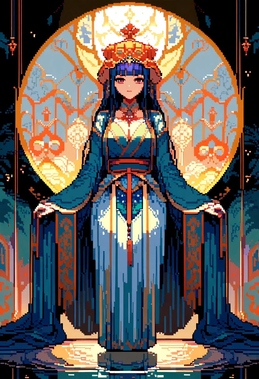 A pixel art masterpiece,best quality, 8K Ultra HD, Lin Daiyu,Classical Chinese novels,Classical women,Lin Daiyu,A painting,描绘了Lin Daiyu,indoor environment,Chinese classical style,Wearing gorgeous Hanfu,The face is melancholy,Soft Lighting,Bright colors。